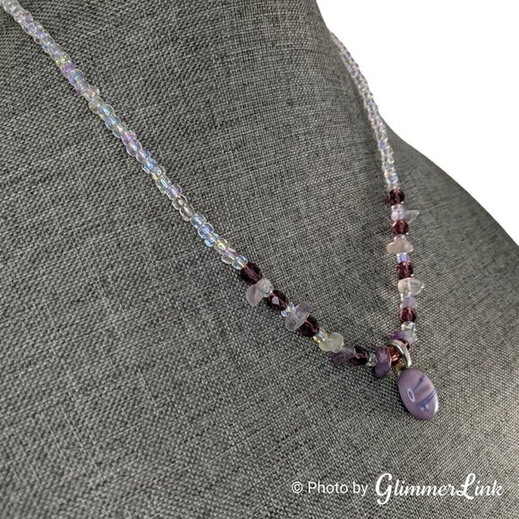 Amethyst Quartz Aurora Borealis Art Glass Pendant Necklace - Picture 2 of 9